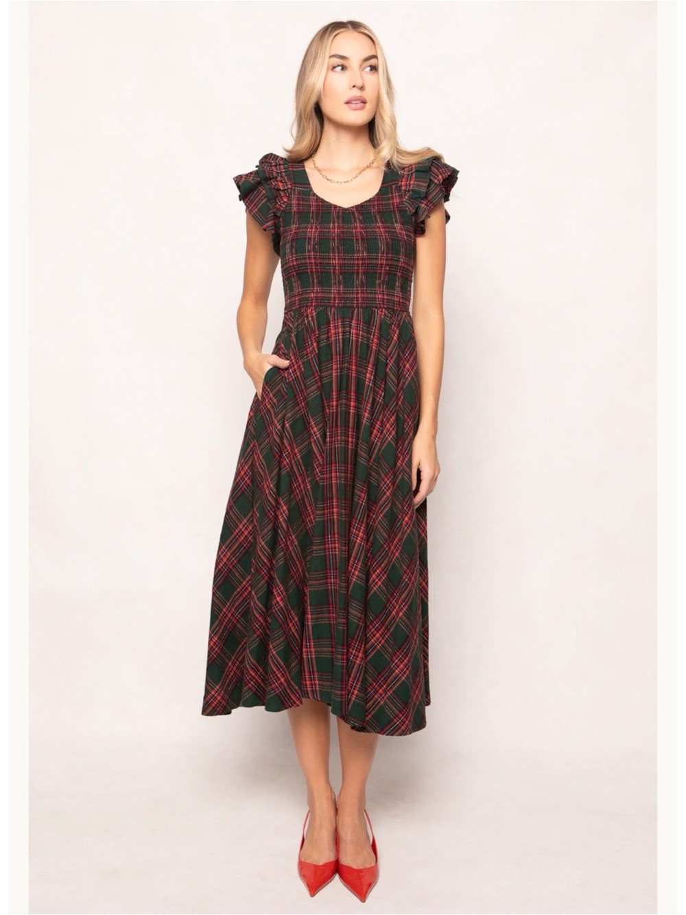 Ivy City Co. Hattie Plaid Flannel Ruffle Sleeve Midi Dress Evergreen XS